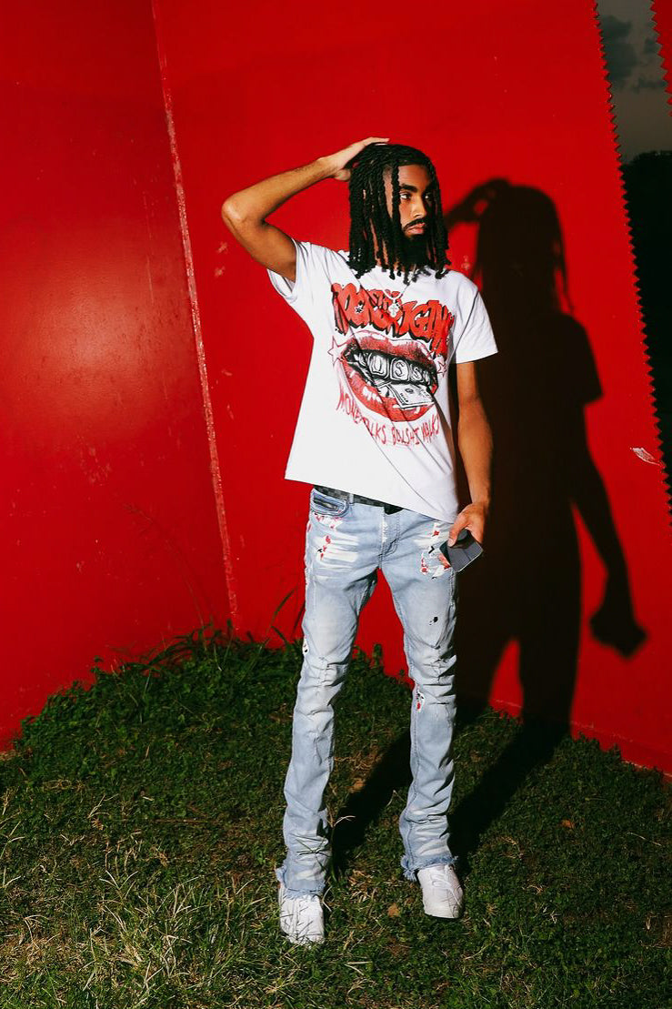 Bloke White/Blue T-Shirt/Stacked Flare Jean Set